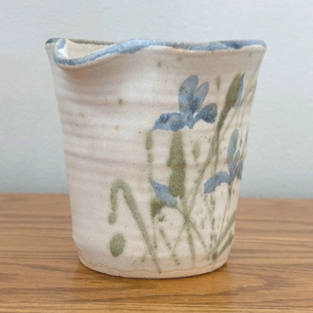 Studio Pottery Hand Thrown Floral Vase Blue Iris Stoneware Wavy Rim Cream